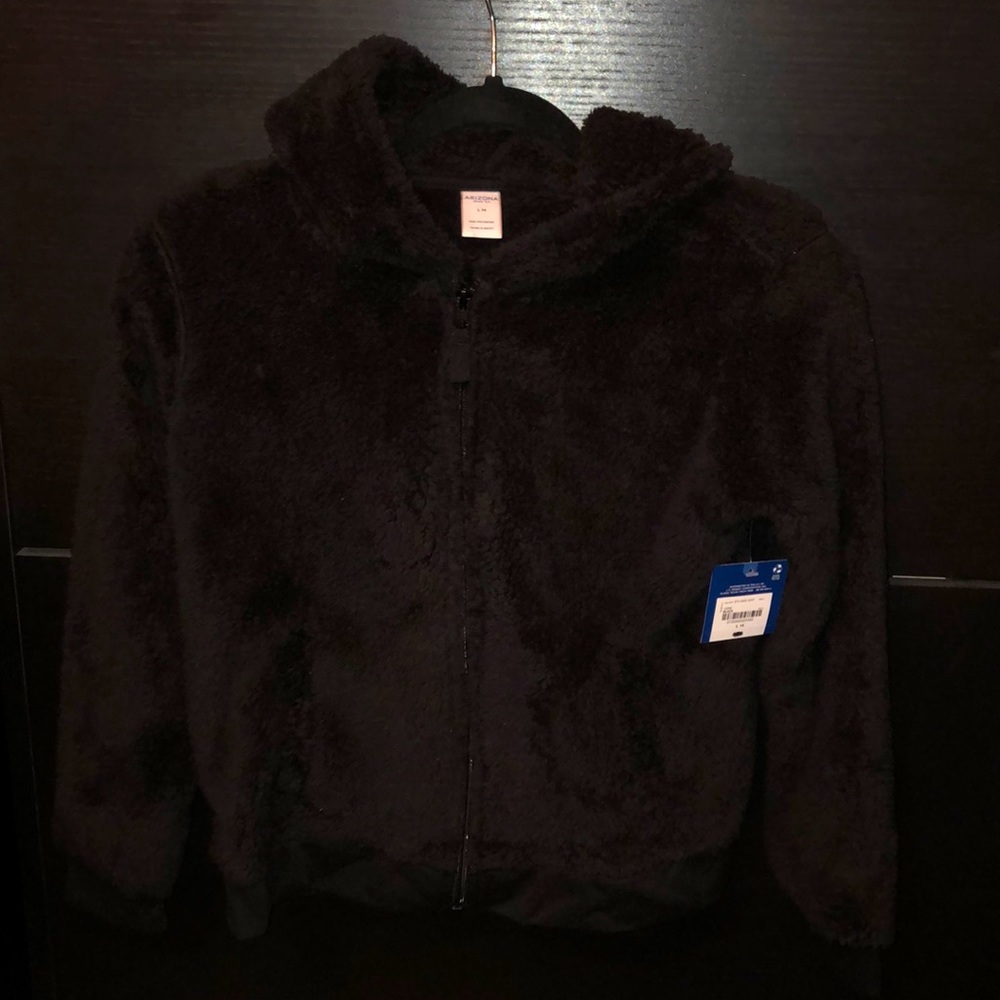 NWT Girls Black full zip Sherpa Sweater size L 14